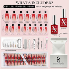 SXC French Tip Starter Kit contents showcase 150 nails and 15 sizes for versatile fit