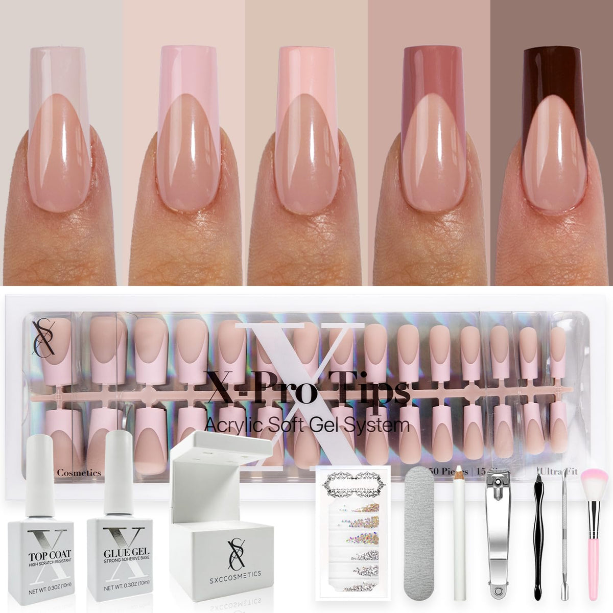 SXC Cosmetics French Tip press-on nails in skin-tone nude set for seamless natural-looking blend.