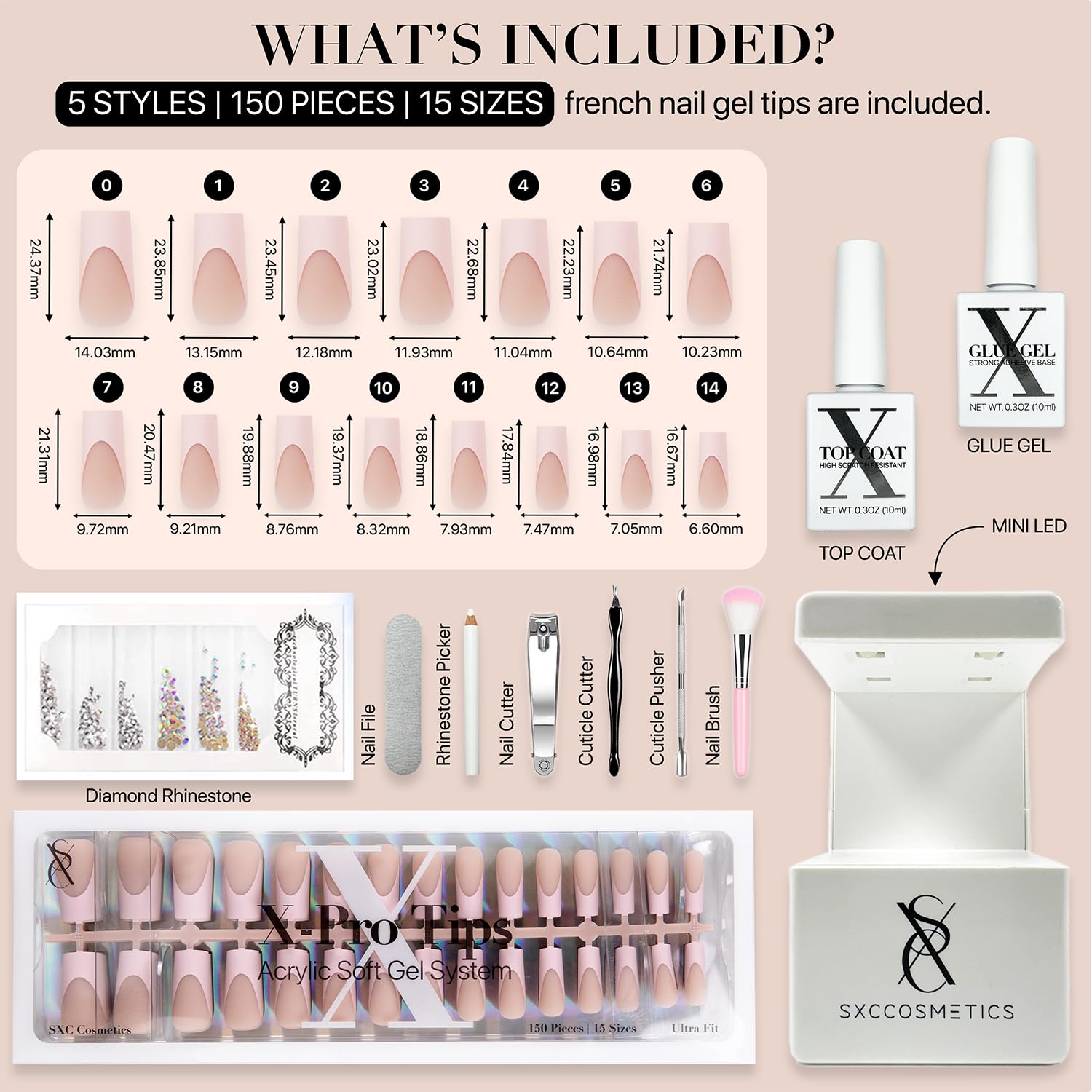 SXC Cosmetics press-on nails with application tools for fast, clean at-home manicures.