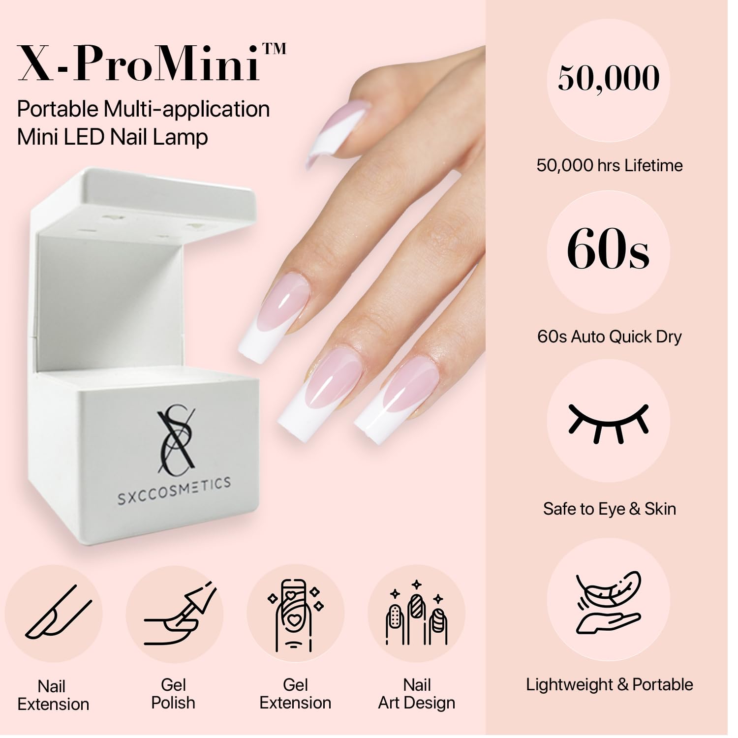 SXC Cosmetics soft pink hue close-up highlighting timeless French tip.