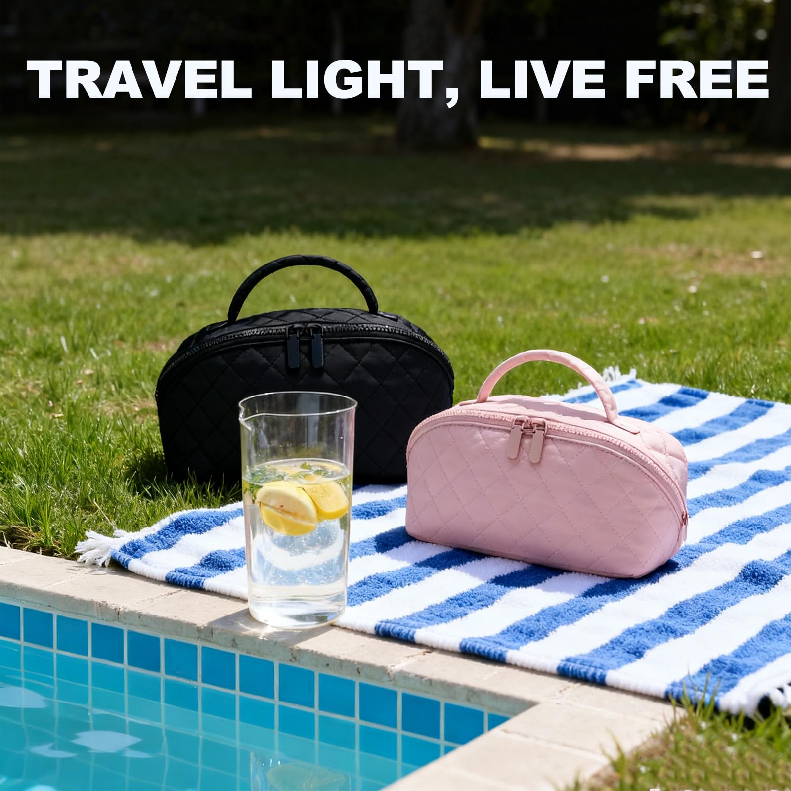 SXS LACONIC quilted makeup bag's waterproof exterior protects liquids during travel