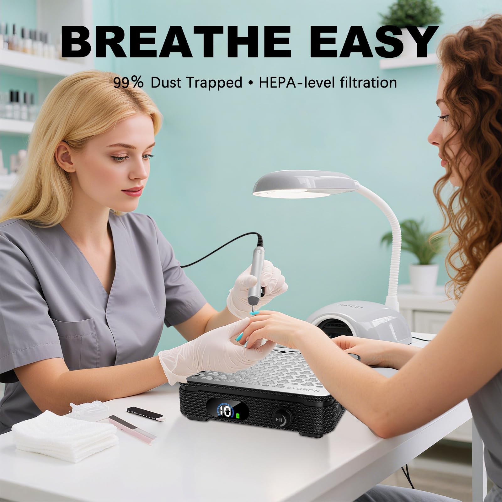 SYDRON Nail Dust Collector battery pack highlights cordless operation for mobility
