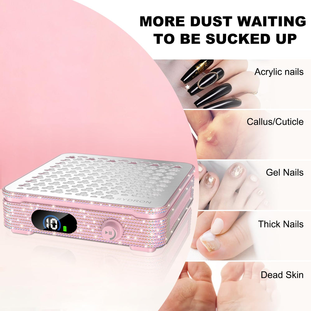SYDRON Nail Dust Collector salon-setup in busy workspace highlights compact design