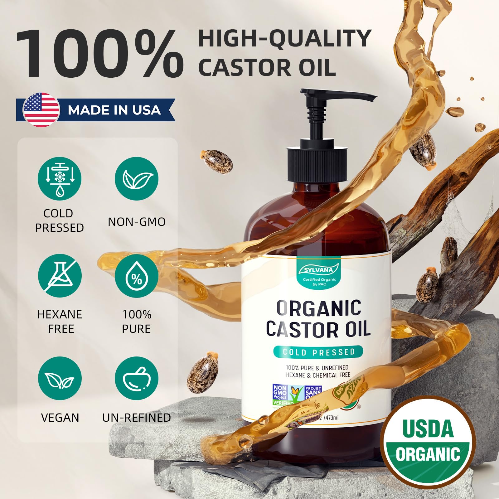SYLVANA castor oil hair growth application demonstrates nourishing scalp at roots.