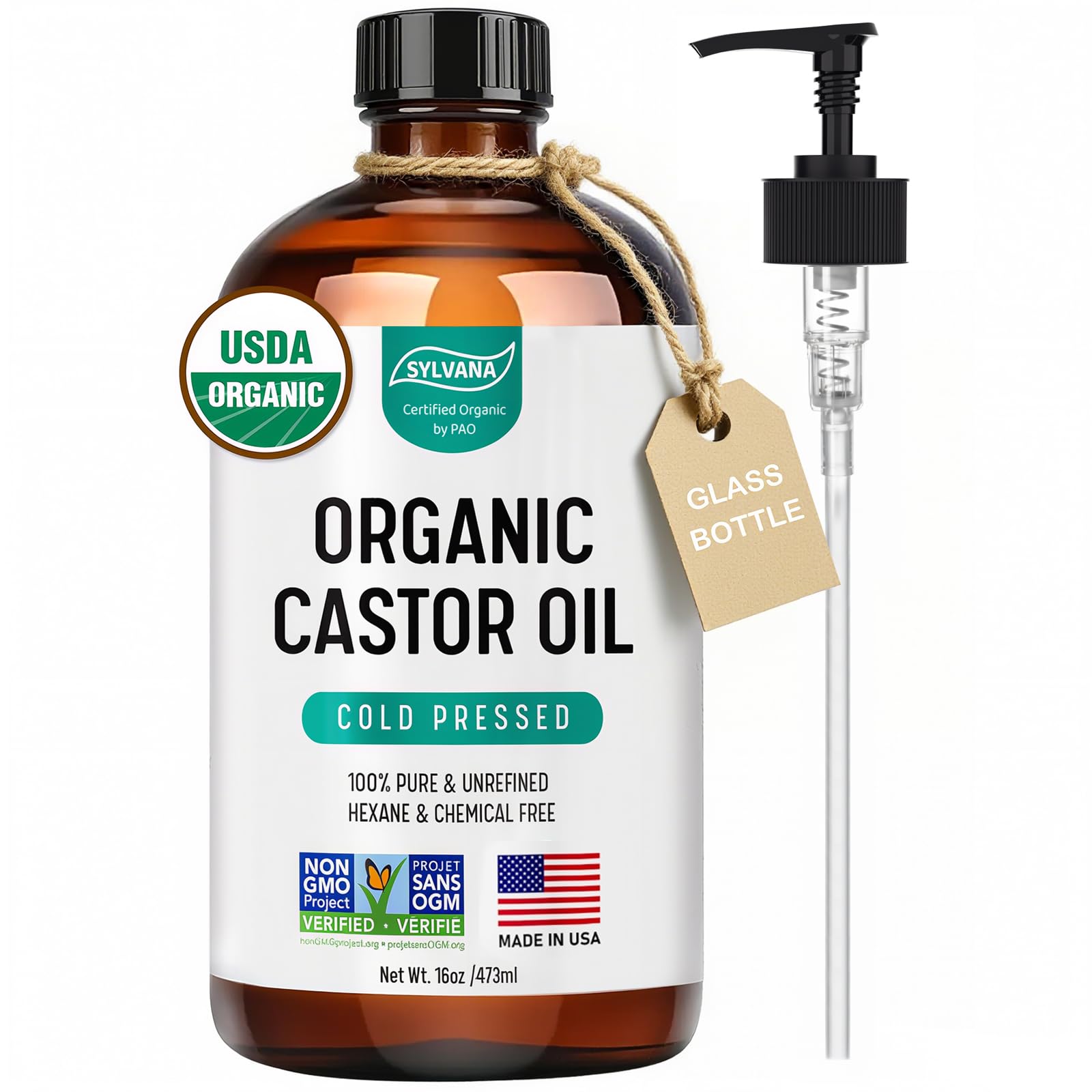 SYLVANA castor oil pump amber bottle—easy mess-free application.