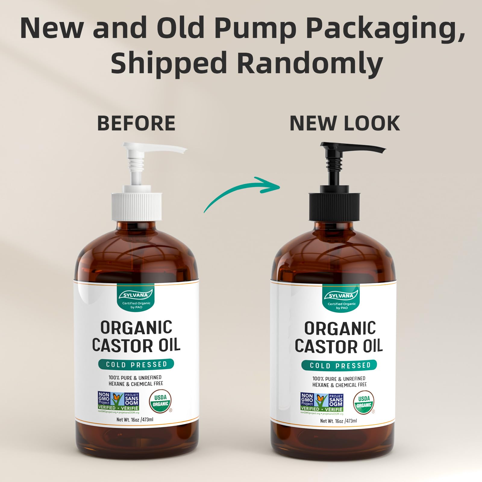 SYLVANA castor oil USA-made bottle supports vegan, hexane-free formula.