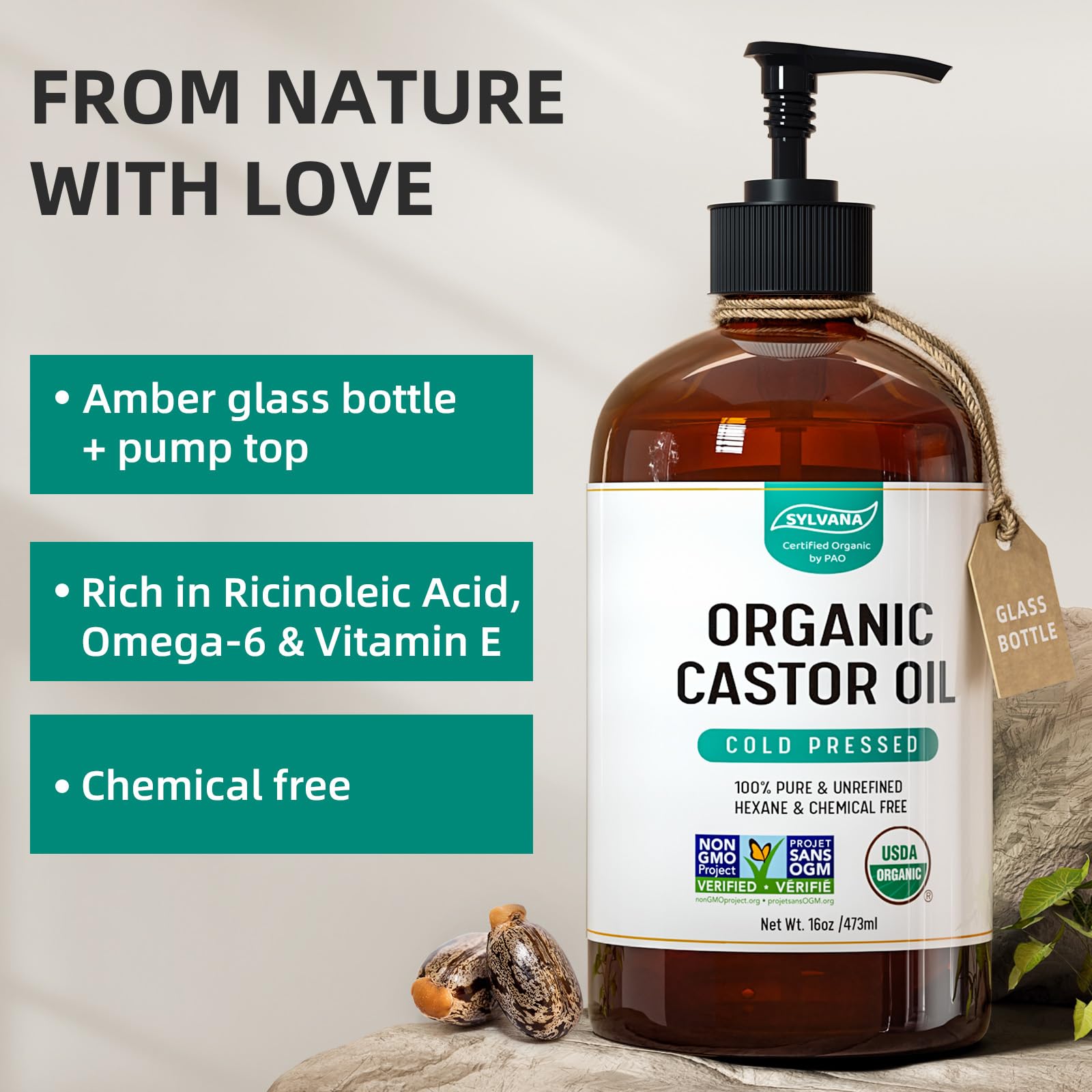 SYLVANA castor oil USDA Organic label communicates purity and domestic sourcing.