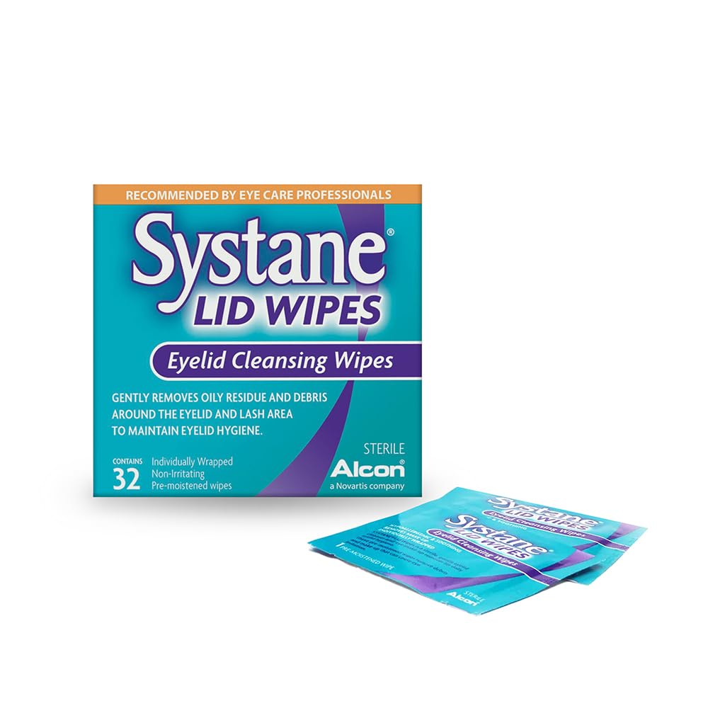 Systane Lid Wipes 32-count packaging shows convenient sterile eyelid cleansing.