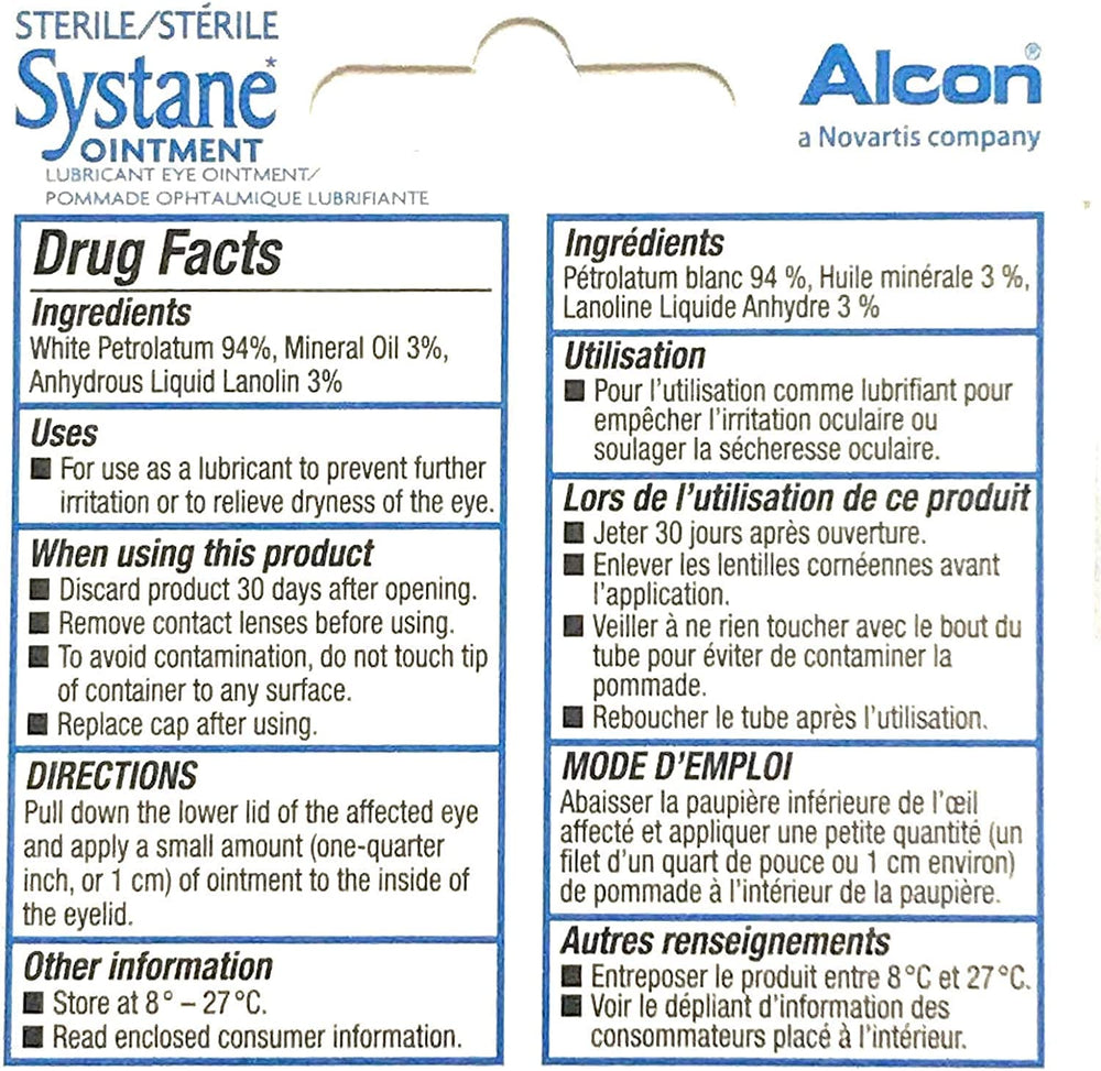 Close-up of Systane Lub Eye Nightime Ointment 3.5g tube for nighttime comfort.