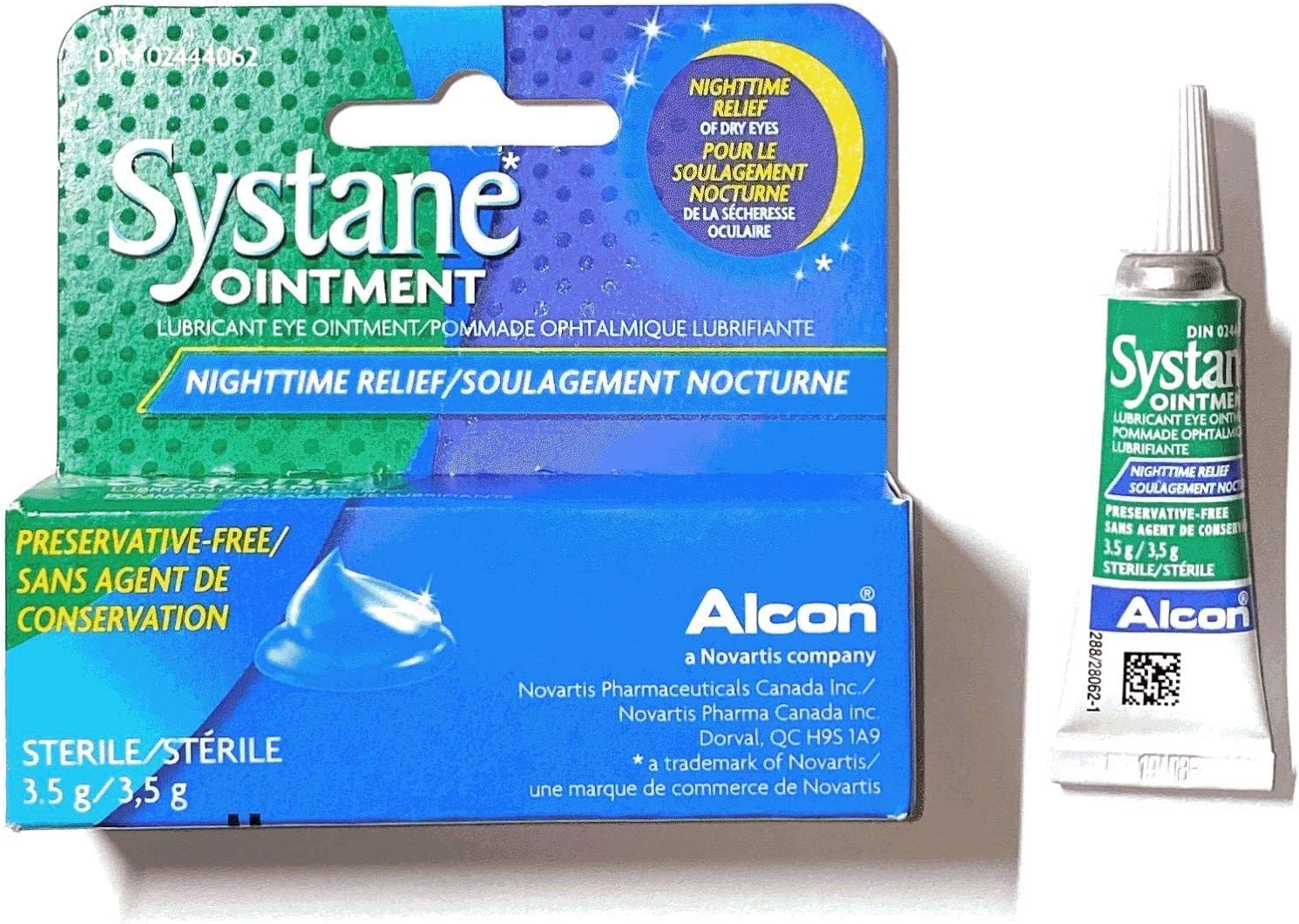 Application scene showing Systane Lub Eye Nightime Ointment use for eyelid margins at night.