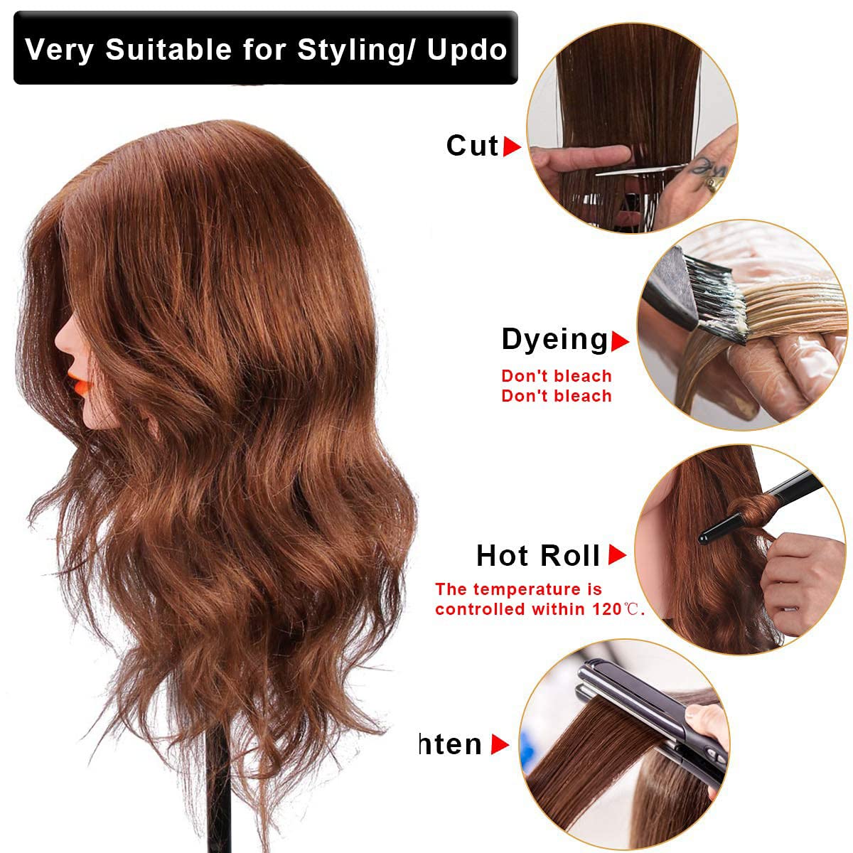 SZCY LLC mannequin head with dark brown real hair ideal for cutting and braiding practice.