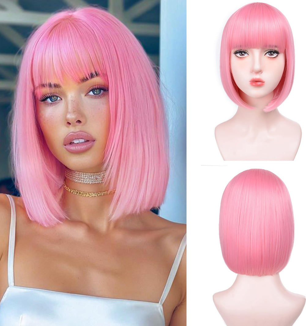 T-color Pink Bob Wig 12in front view for natural everyday wear and style.