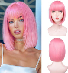 T-color Pink Bob Wig 12in front view for natural everyday wear and style.