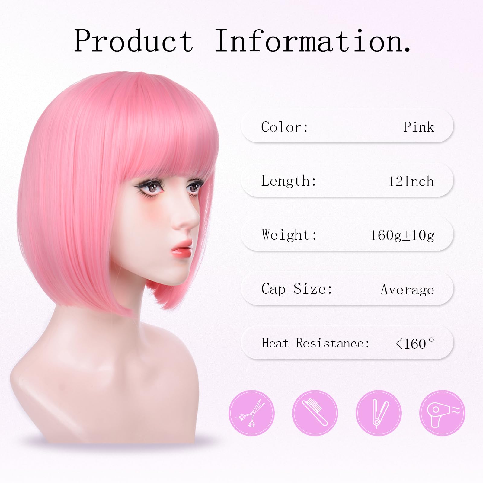 T-color Pink Bob Wig 12in side view highlights sleek shape and versatile styling.