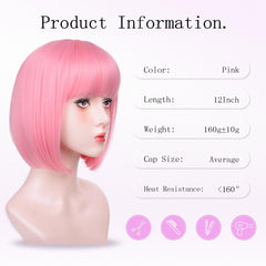T-color Pink Bob Wig 12in side view highlights sleek shape and versatile styling.
