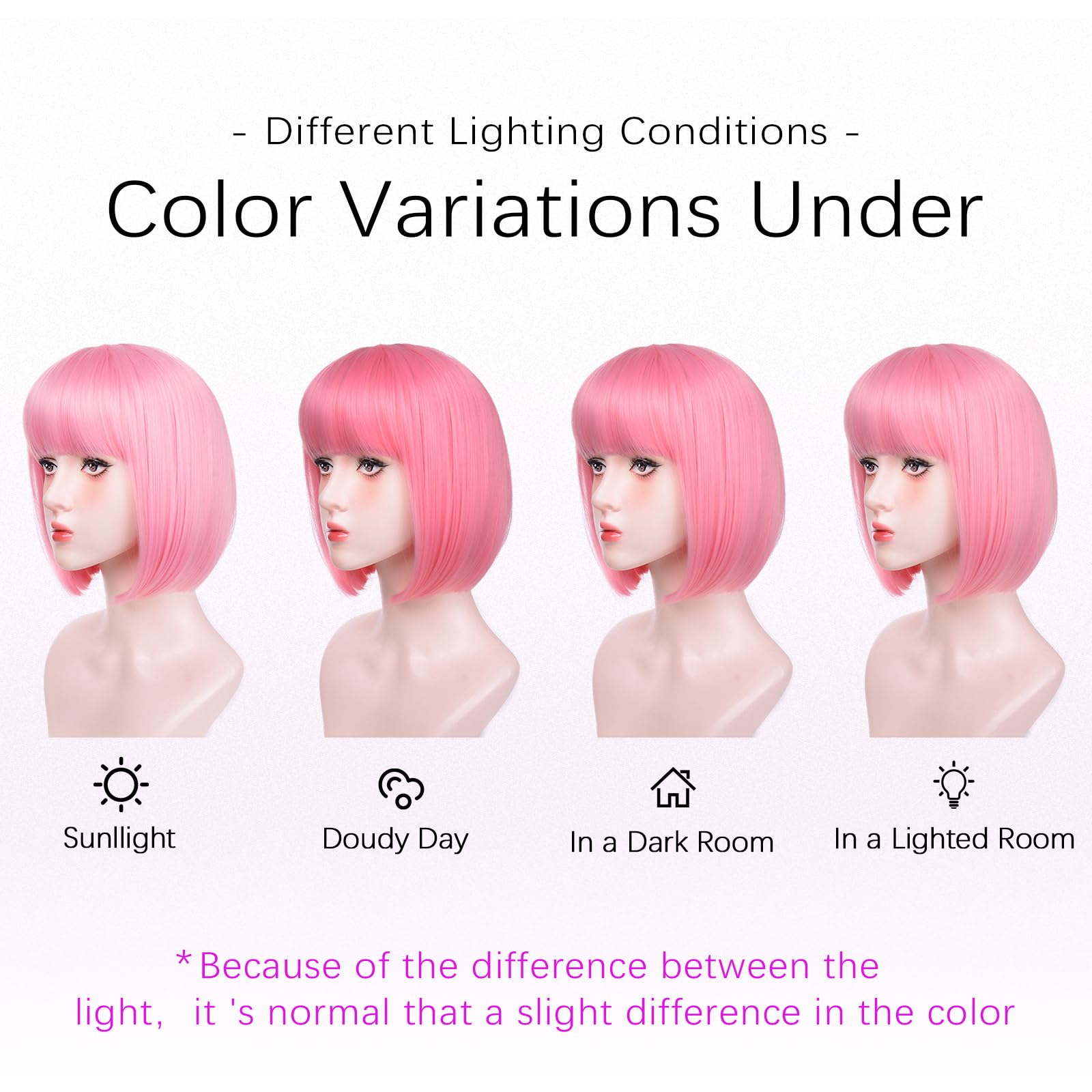 T-color Pink Bob Wig cap and adjustment straps detail for secure fit.