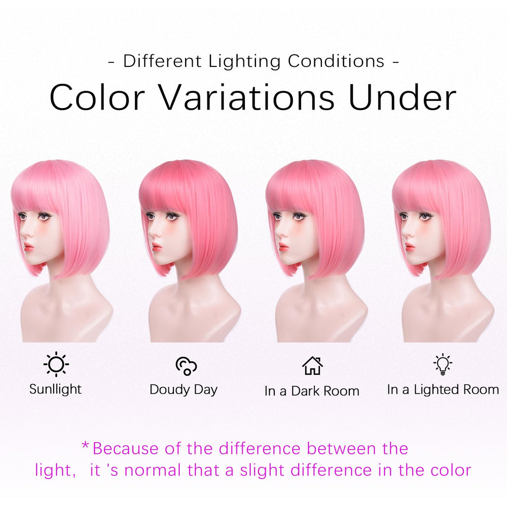 T-color Pink Bob Wig cap and adjustment straps detail for secure fit.