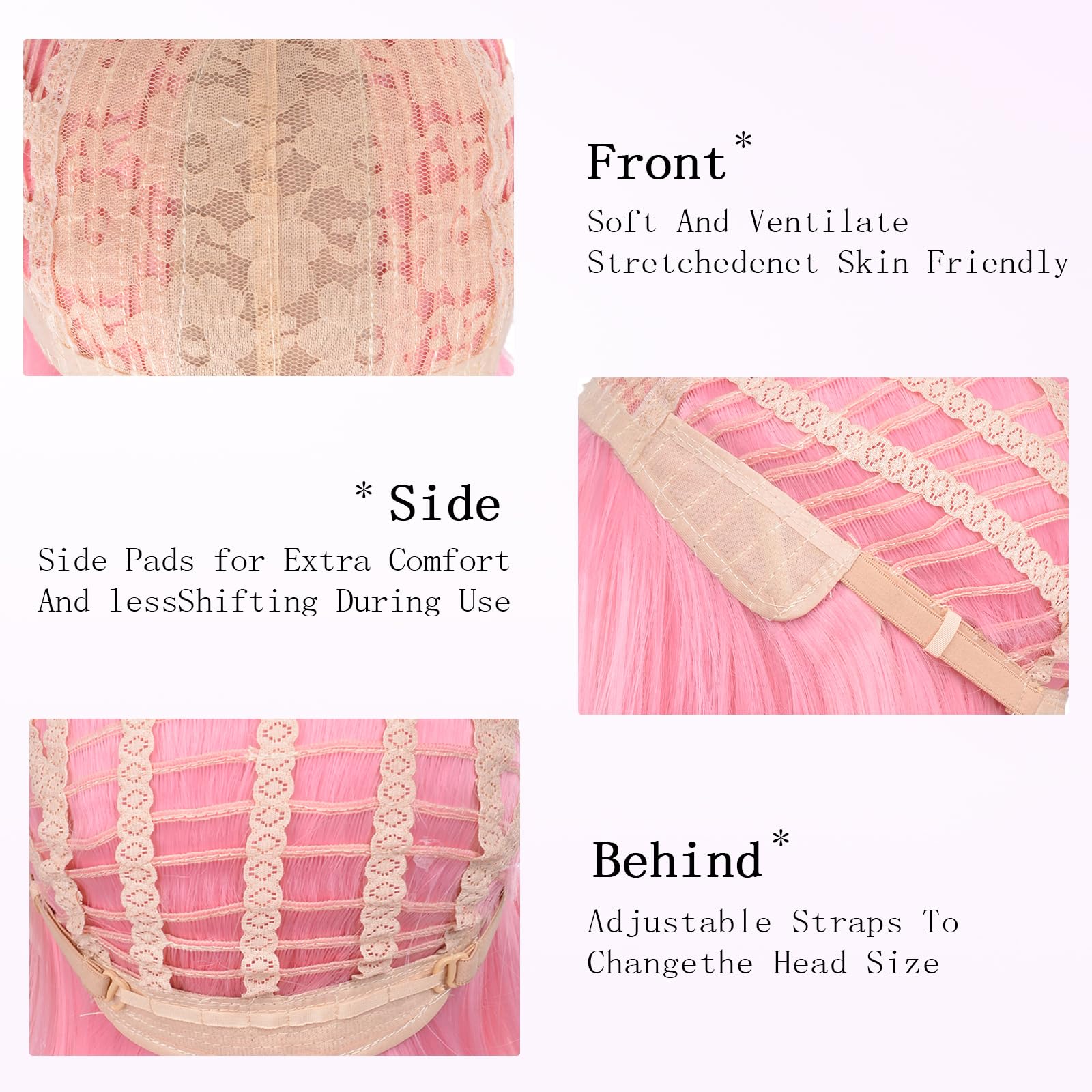 T-color Pink Bob Wig soft synthetic hair close-up emphasizes smooth feel and heat styling.
