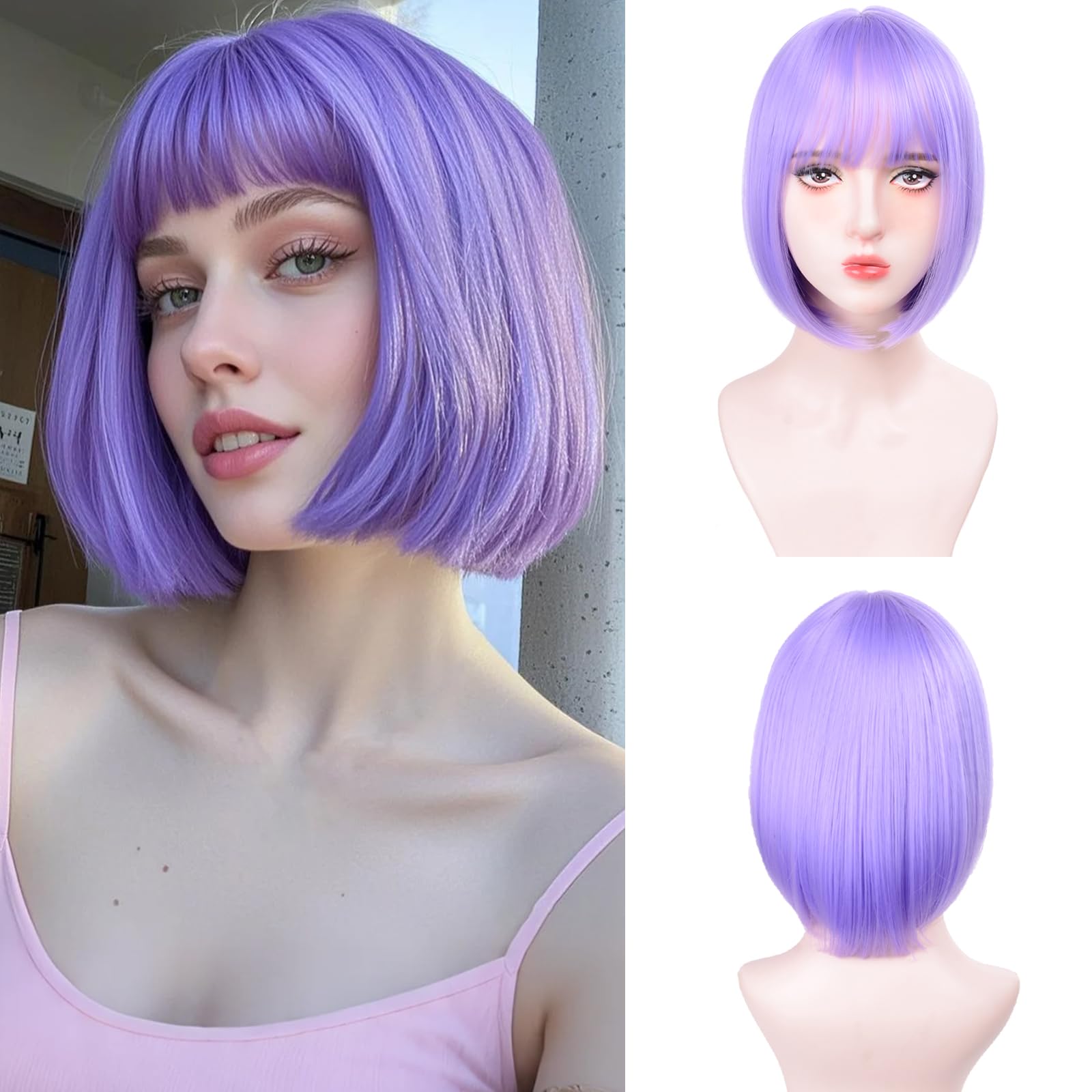 T-color Purple Bob Wig 12in bangs for easy everyday styling and natural look.