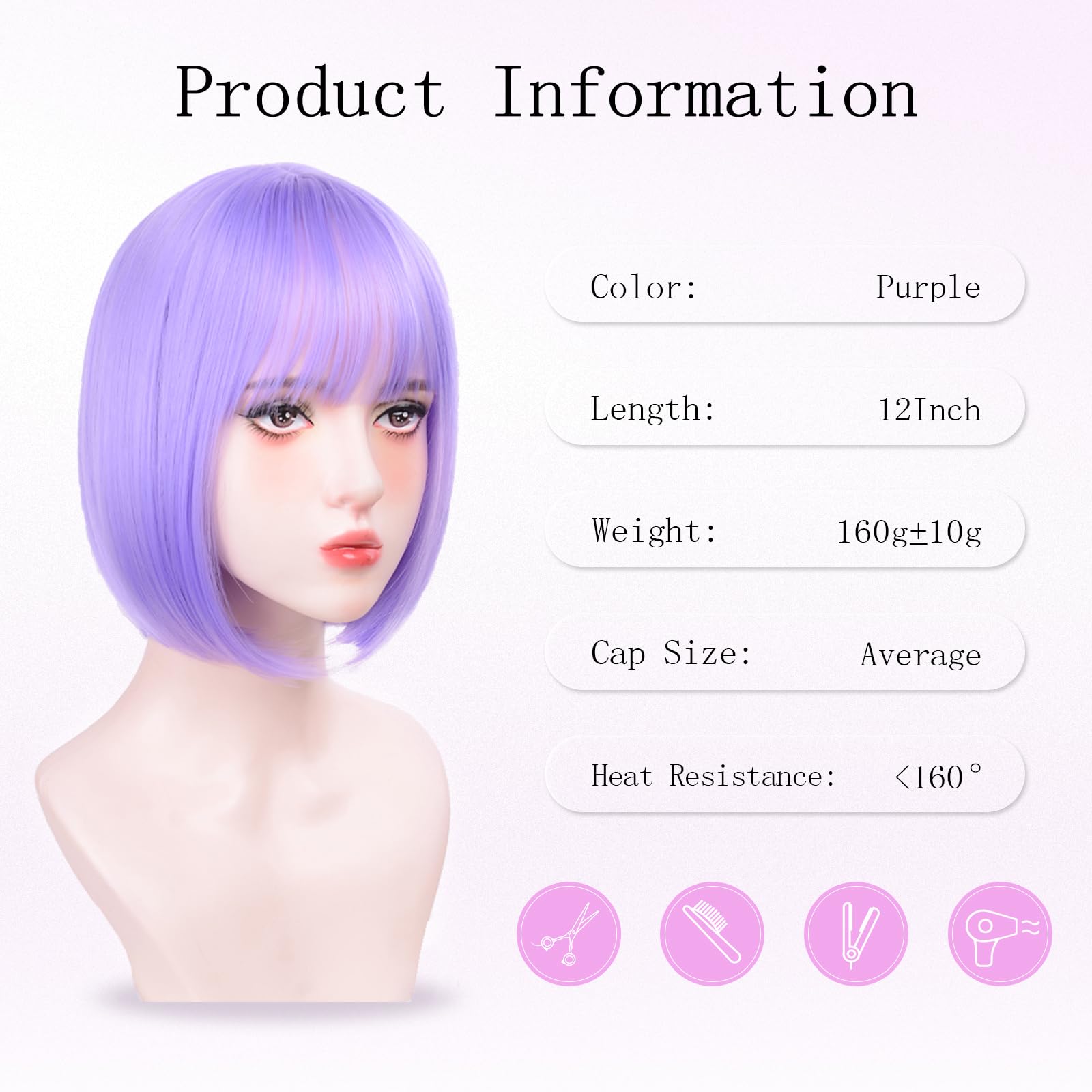 T-color Purple Bob Wig heat-friendly fiber enables versatile heat styling.