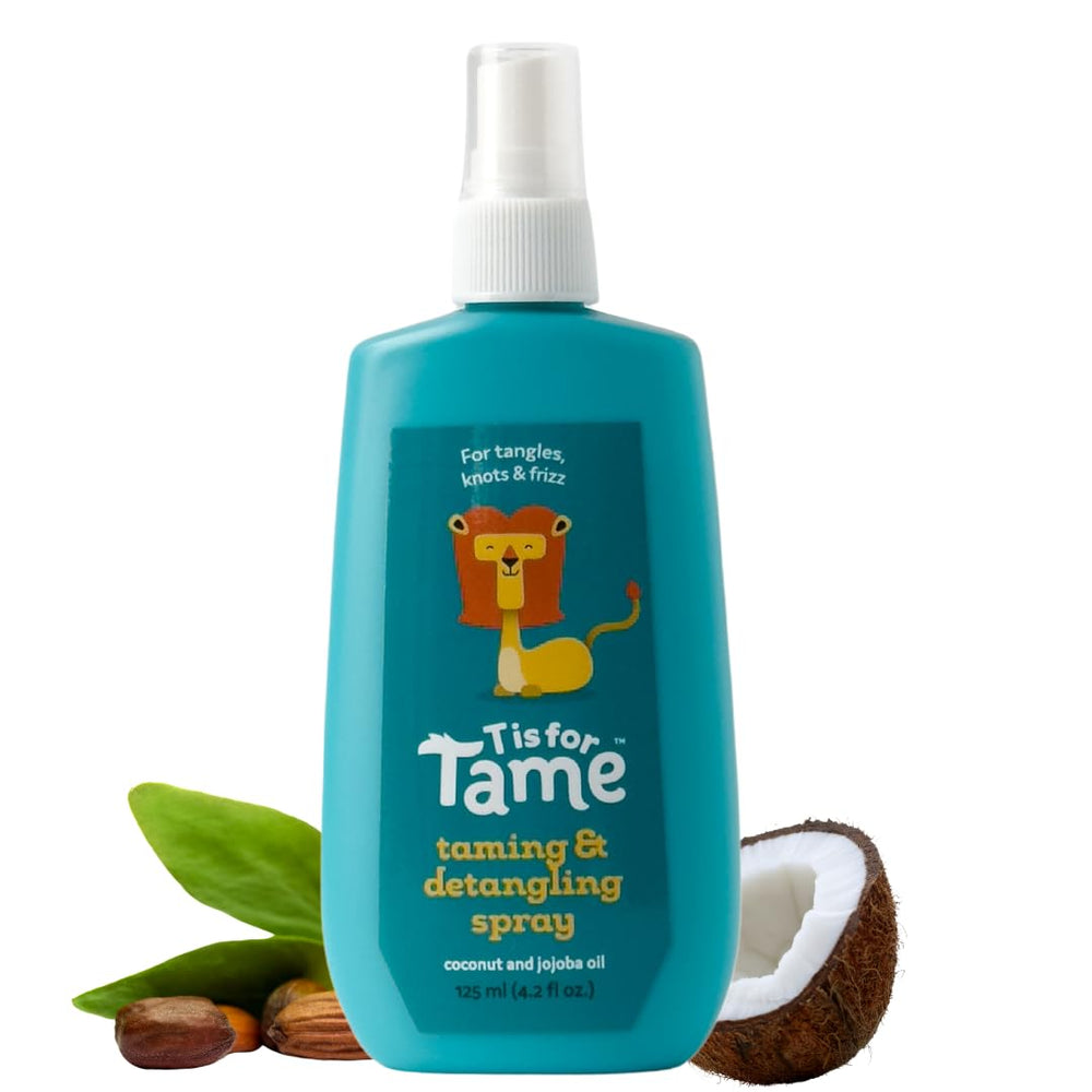 T is for Tame bottle-application shows gentle detangling for kids' hair.