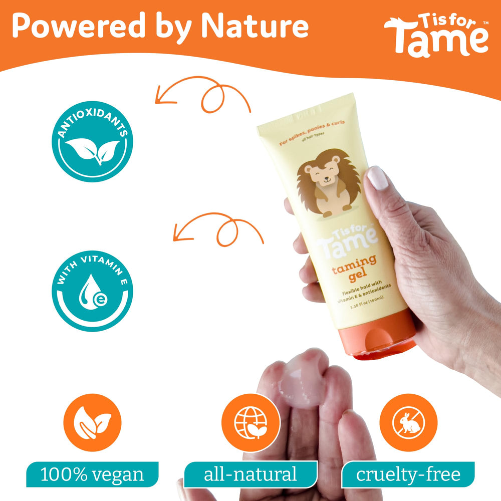 T is for Tame gel, aplicación en pelo mojado o seco para peinados rápidos.