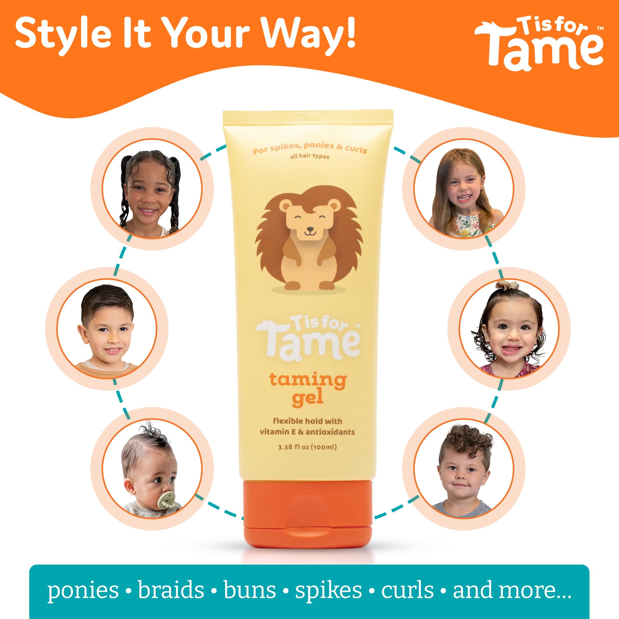 T is for Tame gel, control de frizz para cabellos infantiles de forma suave.