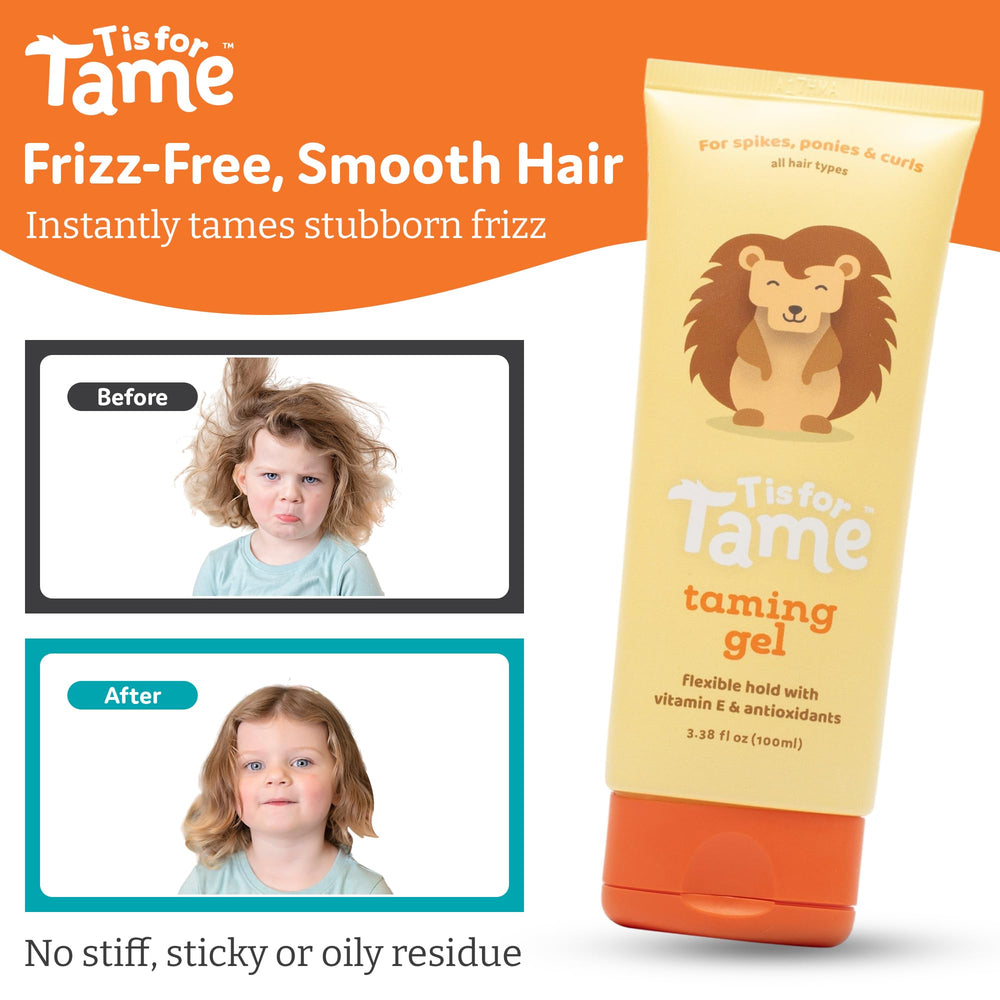 T is for Tame gel, peinados para niños, facilita coletas y trenzas con frizz control.
