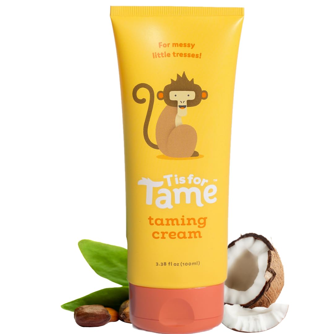 T is for Tame hair taming cream bottle front shows gentle daily frizz control.