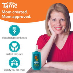 T is for Tame spray-on-hair demonstrates quick, mess-free styling for busy mornings.