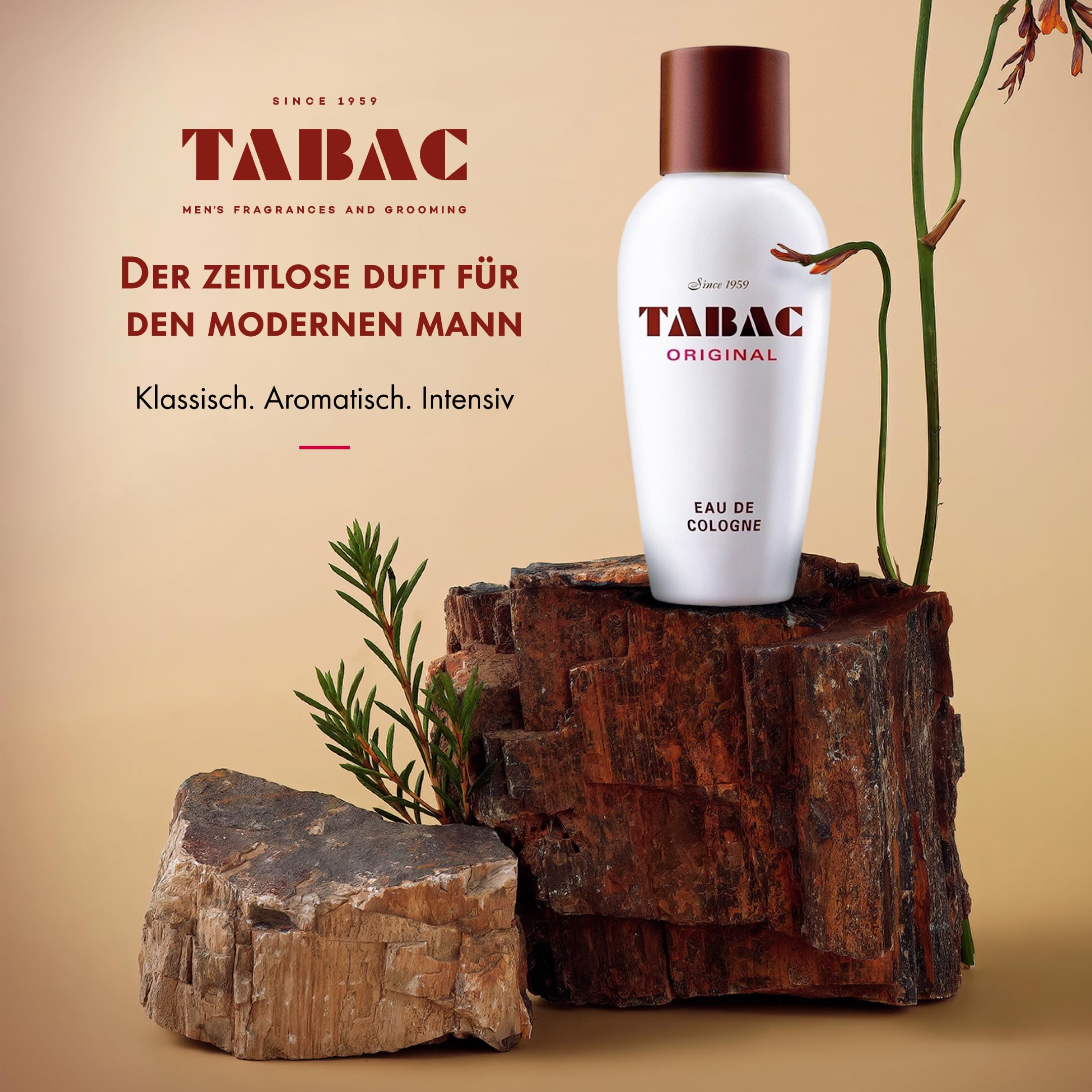 Tabac Original bottle with wooden cap closeup highlights premium craftsmanship.