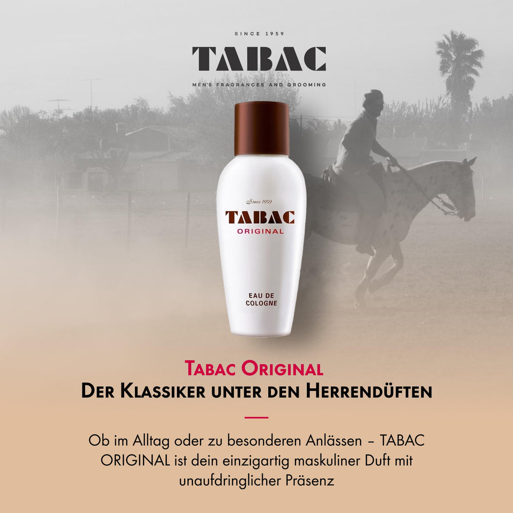 Tabac Original label detail closeup captures heritage scent identity.