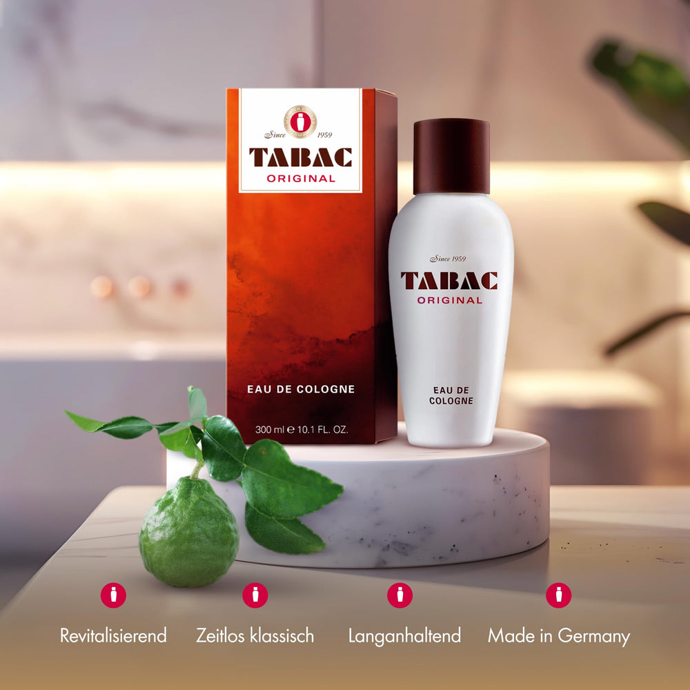 Tabac Original bottle and packaging display for heritage style grooming recommendations.