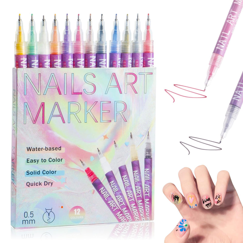 Tabriyot 12-color nail art pens set swatches show vibrant quick-dry designs for home manicures