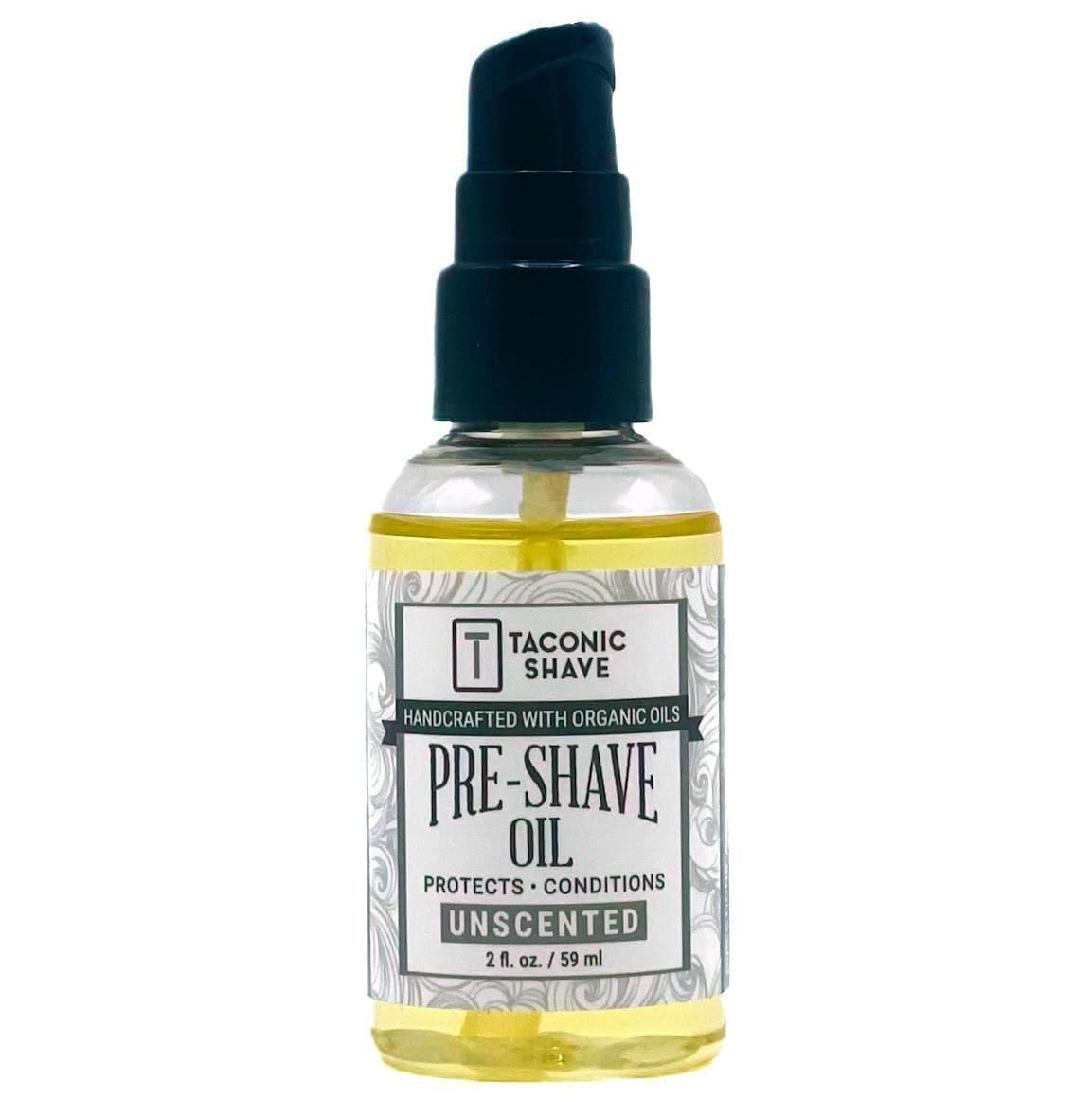 Taconic Shave pre-shave oil bottle close-up showing unscented protection for sensitive skin