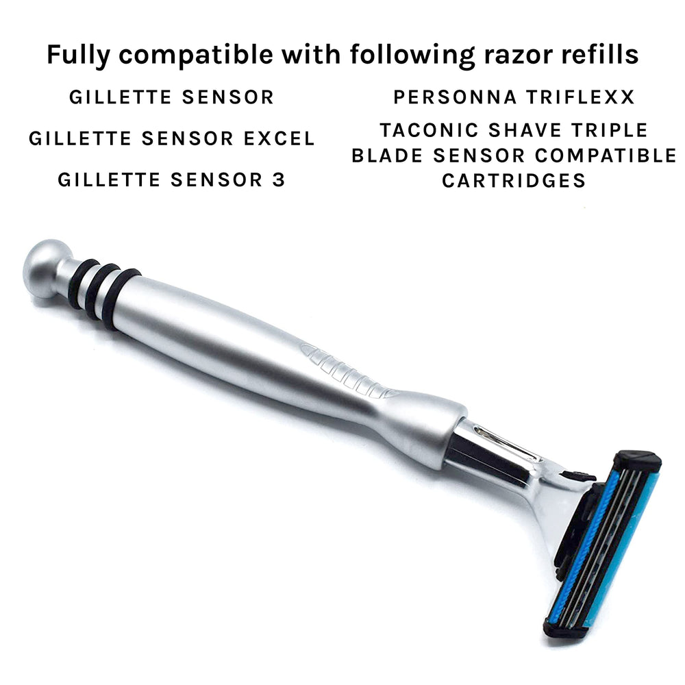 Taconic Shave textured grip handle: secure control during wet shaving sessions.