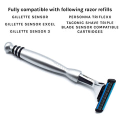 Taconic Shave textured grip handle: secure control during wet shaving sessions.