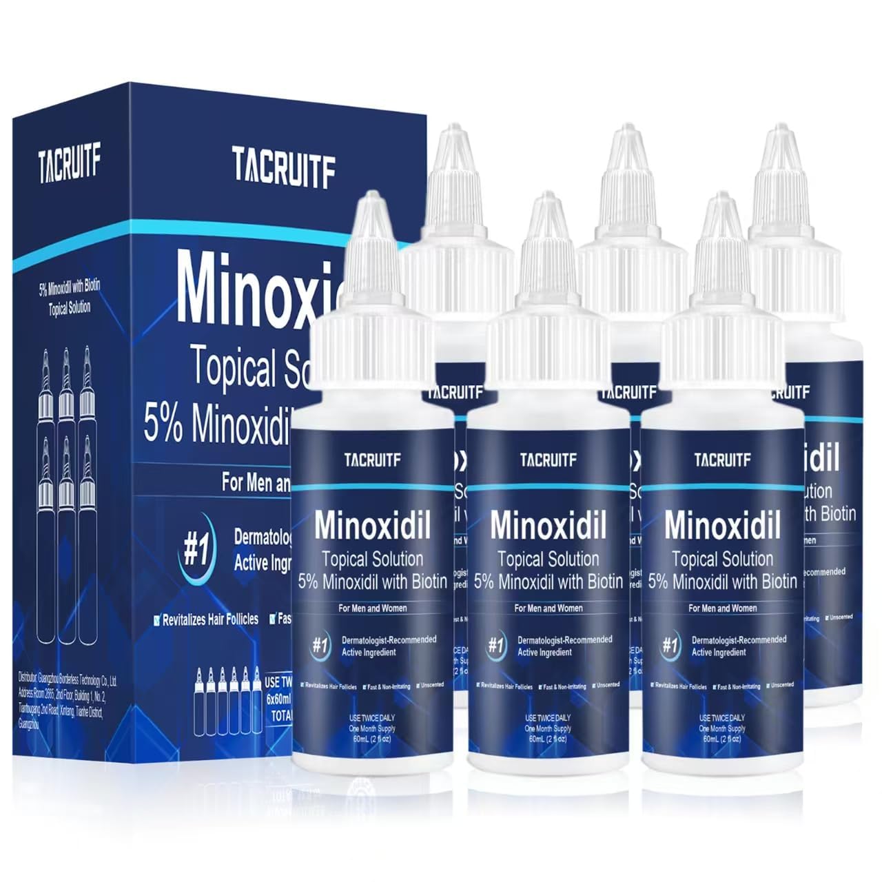 Tacruitf 5% Minoxidil Biotin bottle shown for fuller-looking hair.