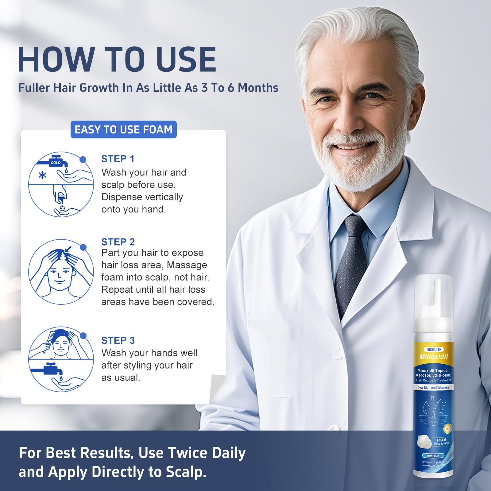 Tacruitf Minoxidil Foam application on scalp