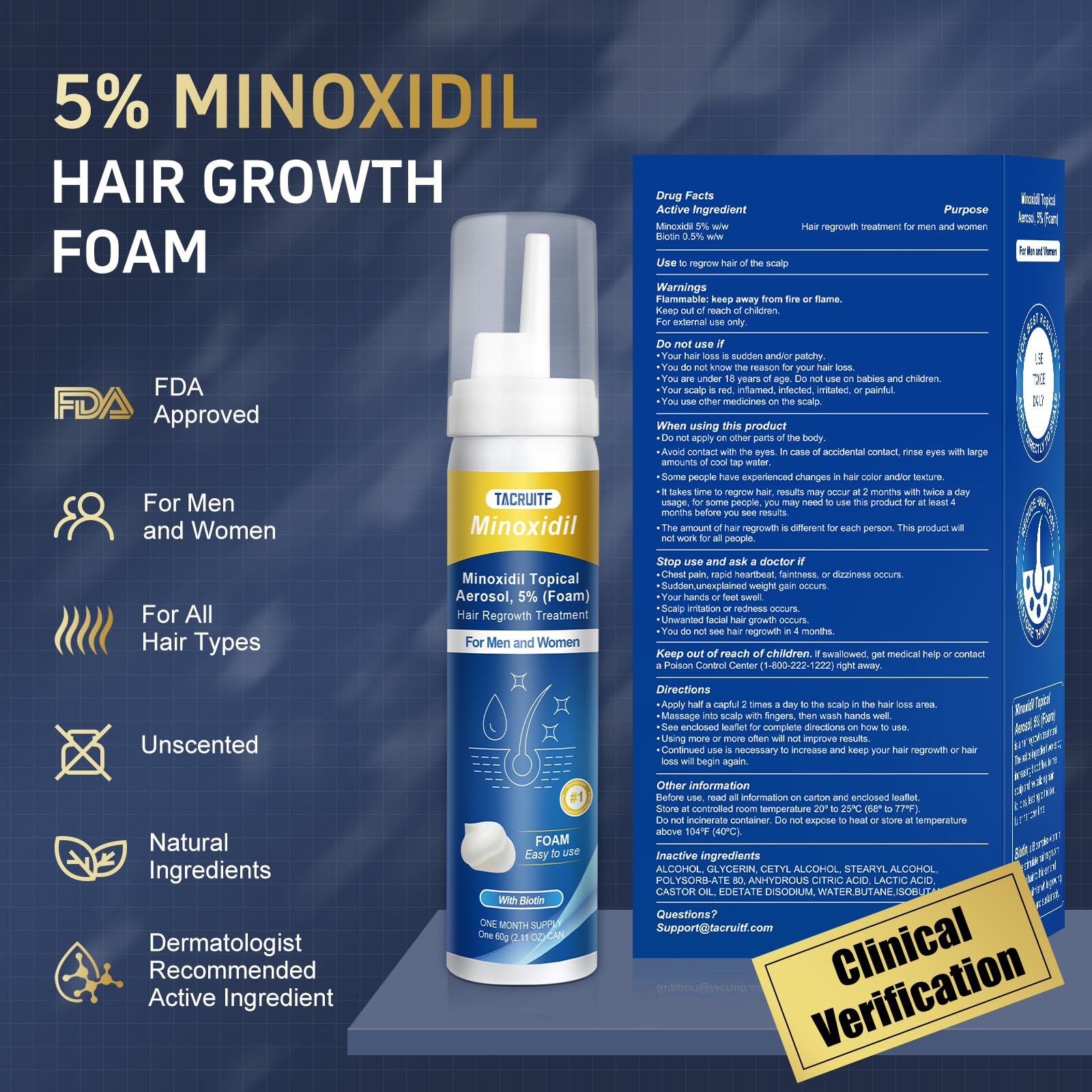 Tacruitf Minoxidil Foam unboxed packaging shows four month supply