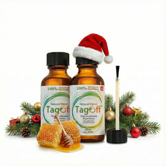 Tag Off Serum bottle with pump demonstrates fast-absorbing hydration.