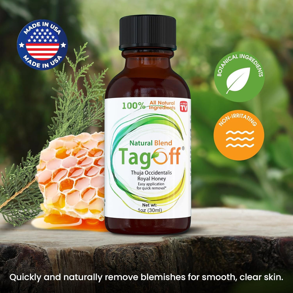 Tag Off Serum natural skincare collection line communicates plant-based care.