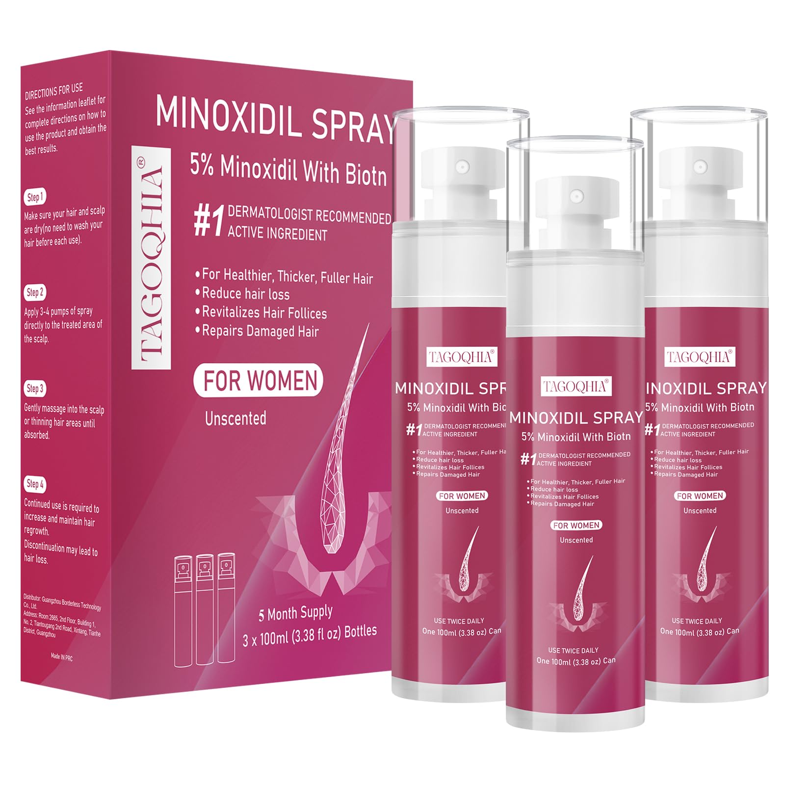 TAGOQHIA 5% Minoxidil women bottle closeup for thinning hair support.
