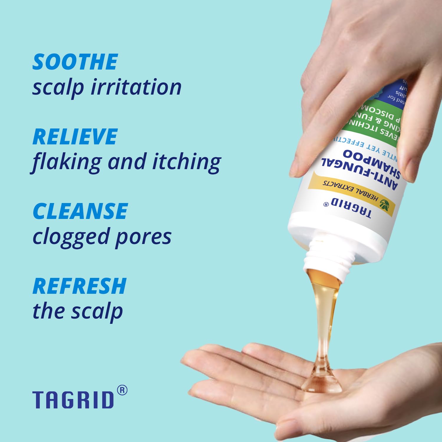 TAGRID shampoo scalp-application image illustrating easy, non-irritating wash.