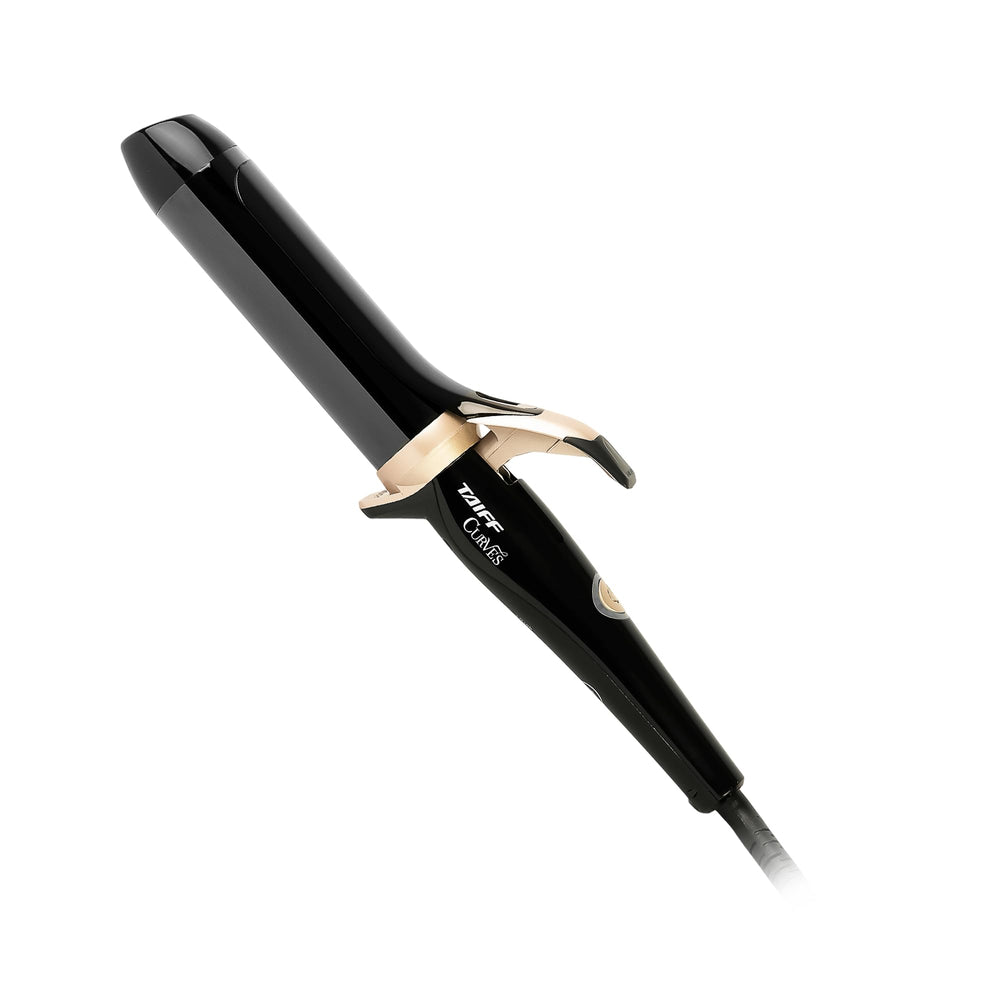 TAIFF Curves curling iron barrel close-up showing black titanium surface for smooth curls and reduced frizz