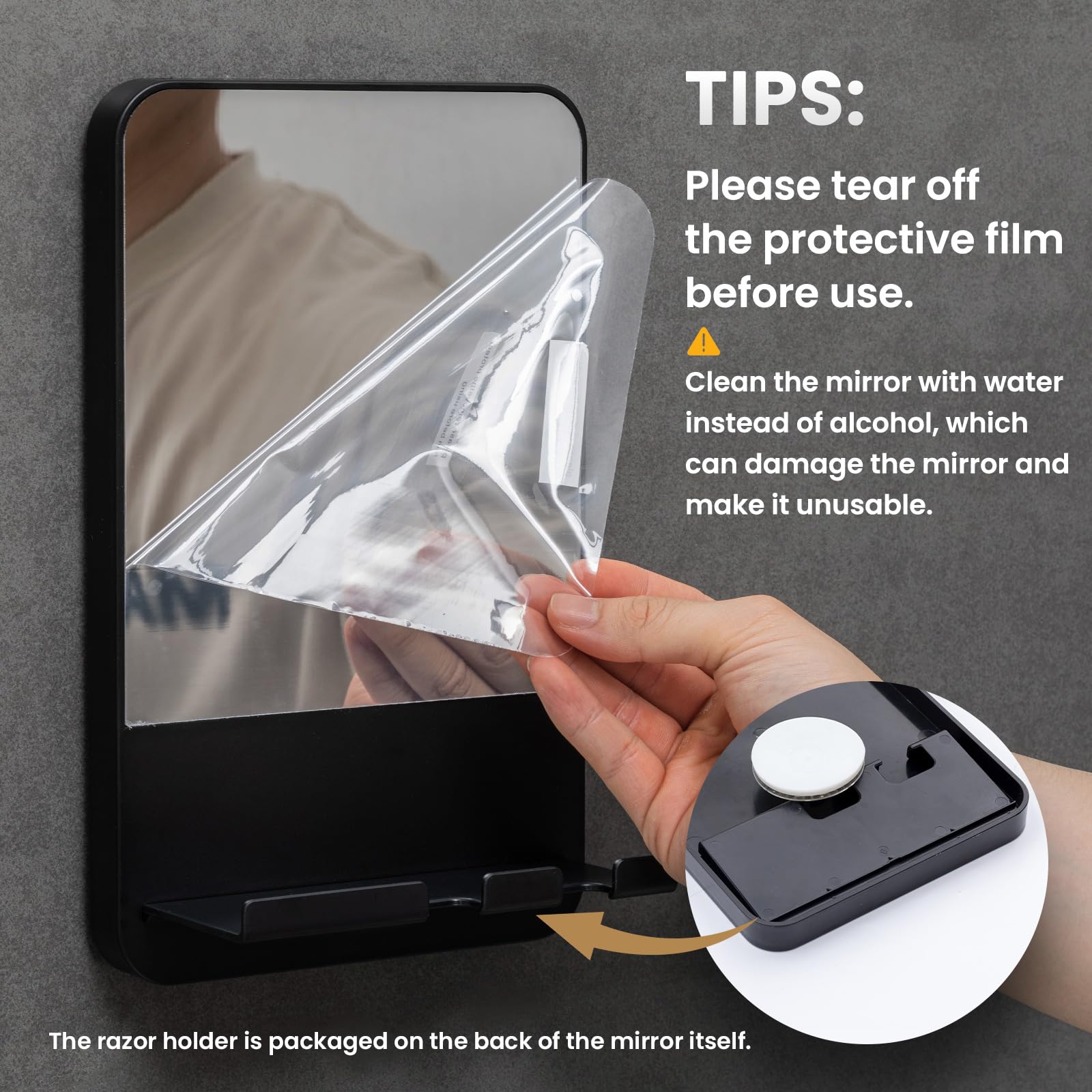 TAILI fogless mirror installation is removable without residue on glass, tile, or stainless surfaces.