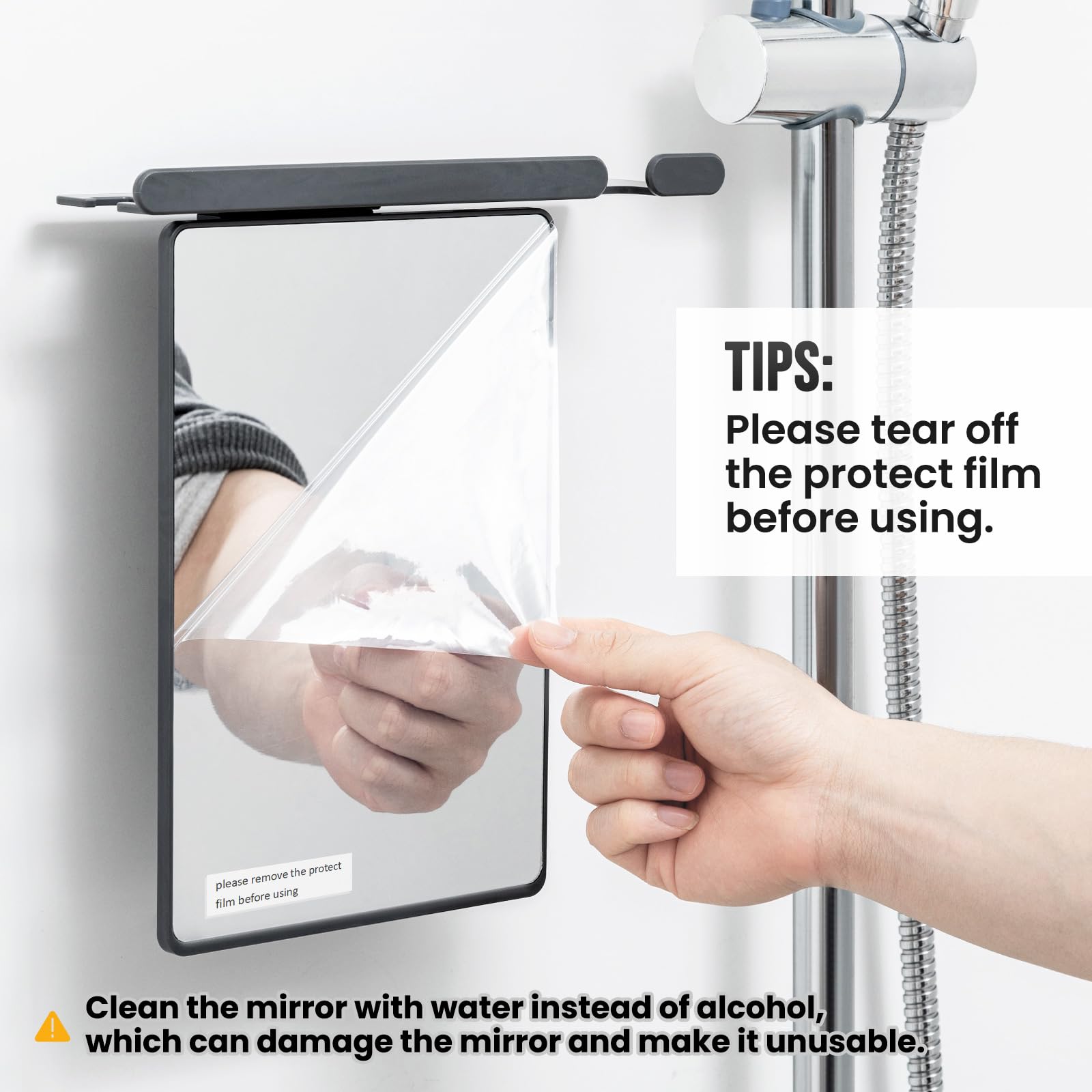 Taili wall-mounted shower mirror saves counter space in tight bathrooms.