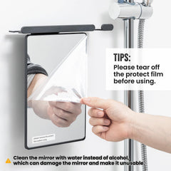 Taili wall-mounted shower mirror saves counter space in tight bathrooms.