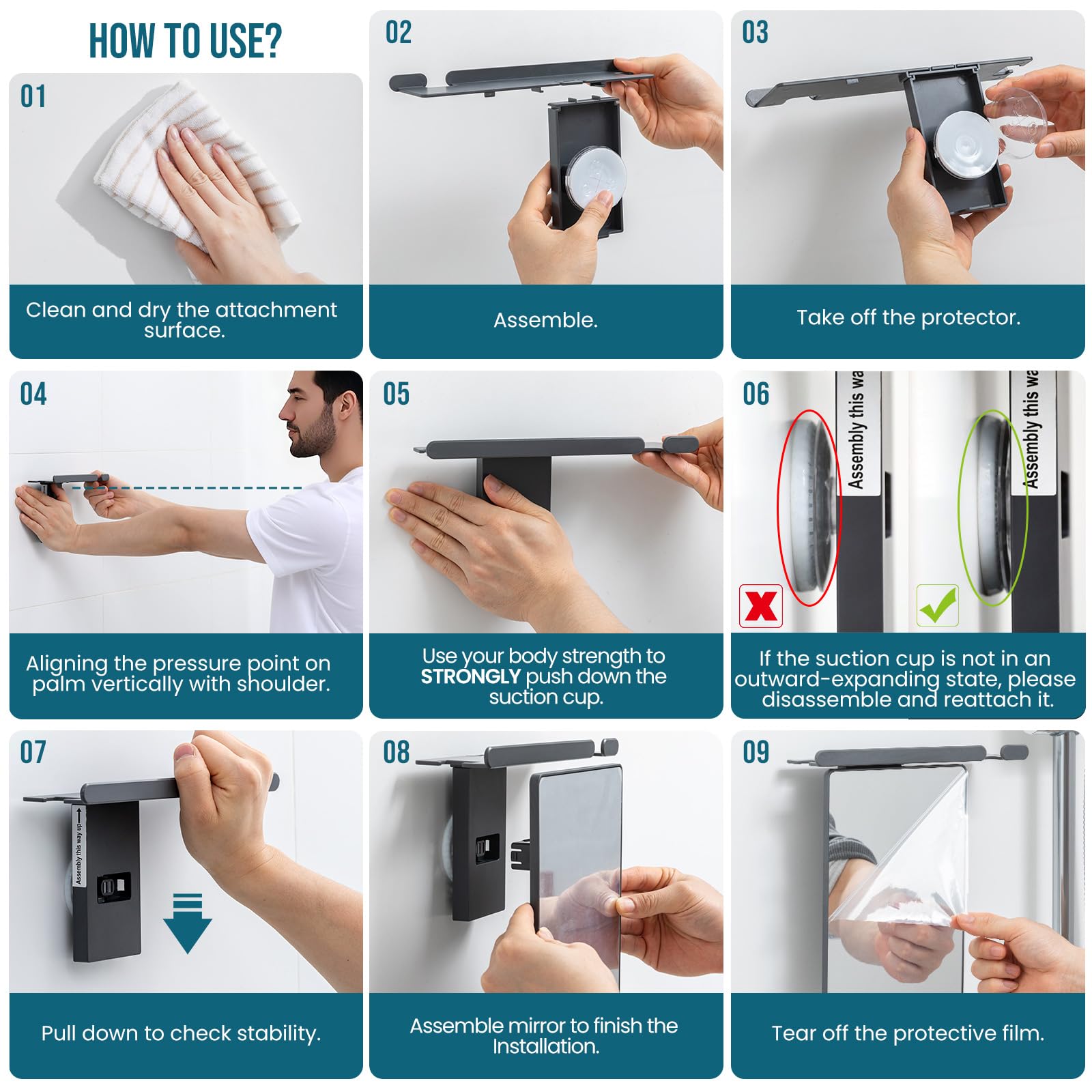 TAILI shower mirror wall-mounted-design keeps toiletries off the counter and handy.