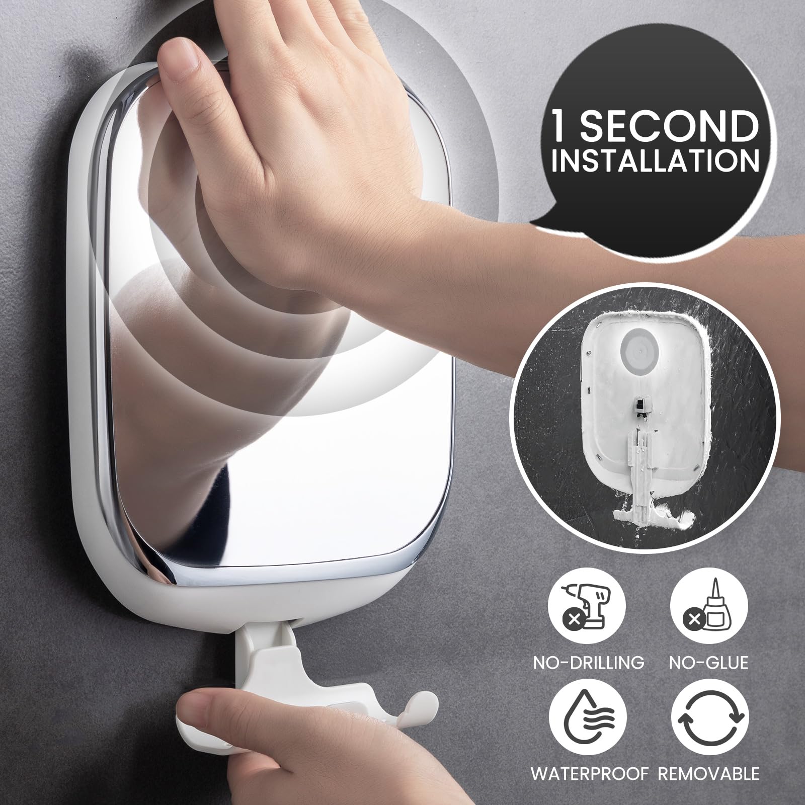TAILI wall-mount suction mirror keeps bathroom clutter-free and portable.